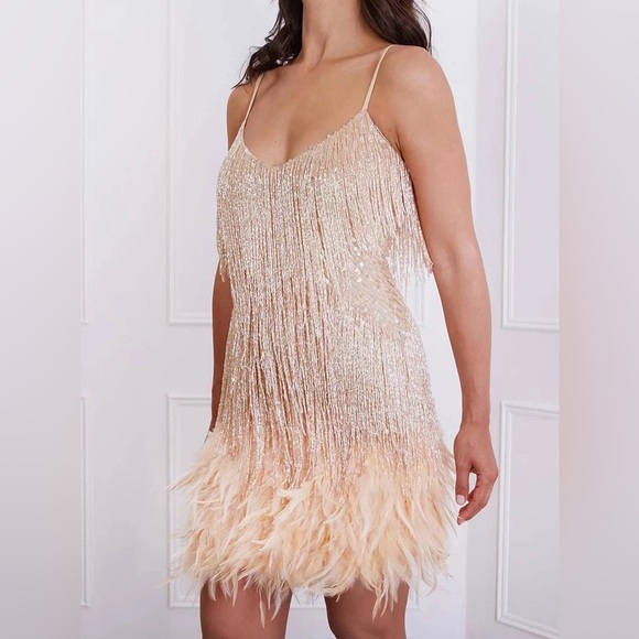 Golden Ballerina Sexy Fringe Feather Mini Dress With Beaded Tassles - Picture 2 of 13